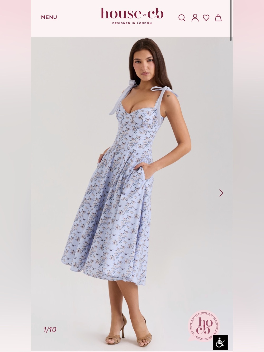 House of CB Light Blue Floral Tie-Shoulder Midi Dress Emely